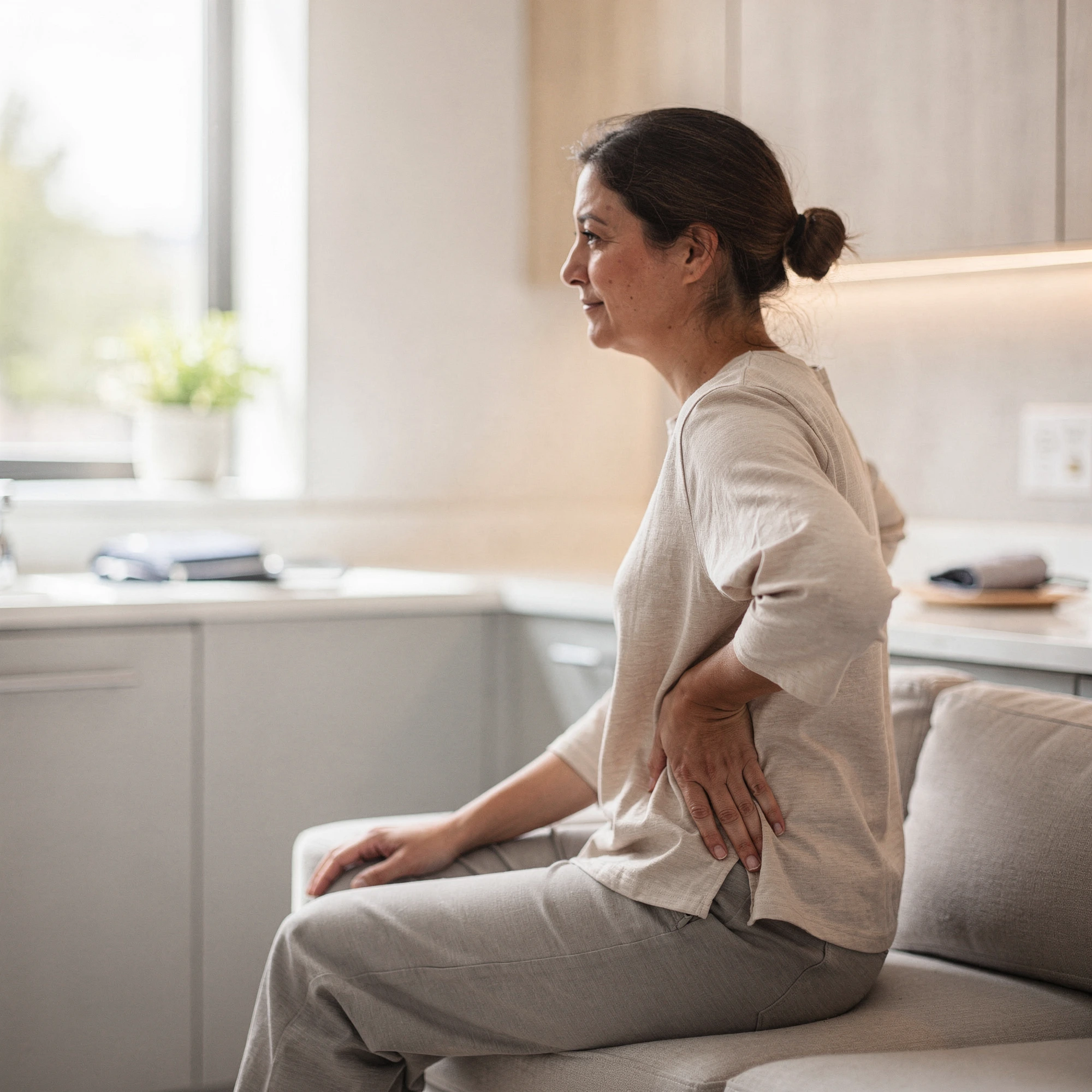 Woman sitting on a couch holding her lower back, experiencing pain